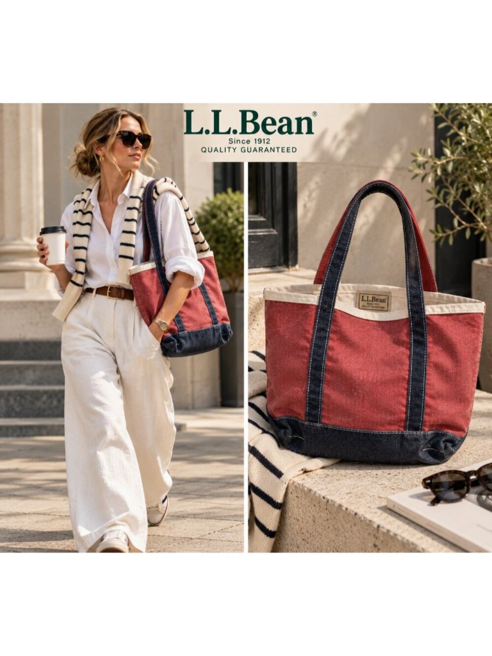 Rare L.L.Bean Red Navy Two Tone Cotton Canvas Tote Bag Distressed Vintage